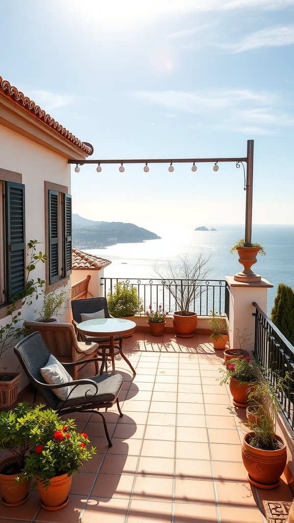 A sunny terrace house in Alicante featuring a seating area with potted plants and a view of the sea.