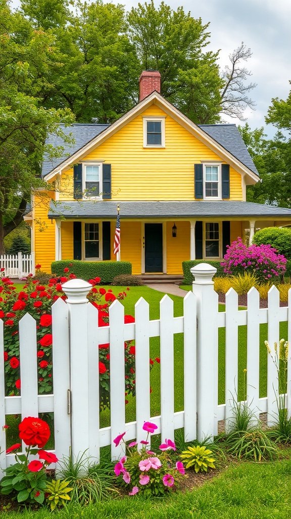 A sunny yellow farmhouse surrounded by a colorful flower garden and white picket fence.