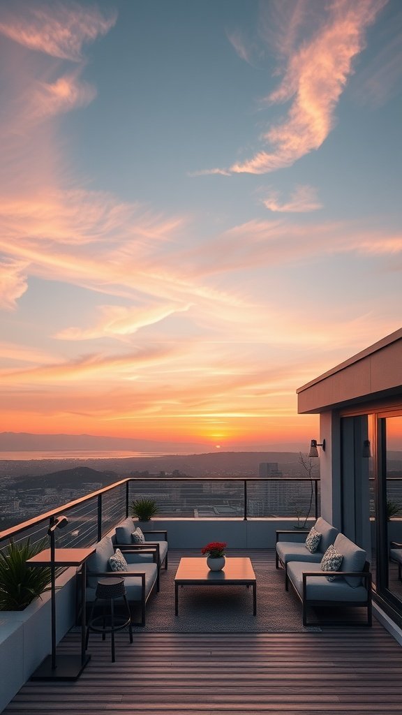 Rooftop deck with sunset views featuring comfortable seating and a coffee table