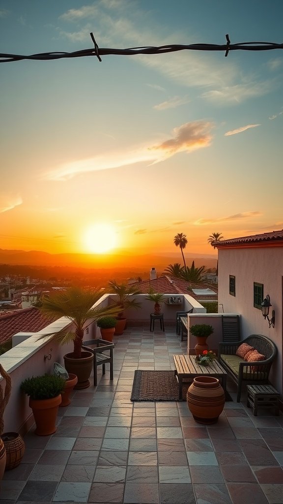 Rooftop terrace with sunset view, featuring potted plants and comfortable seating
