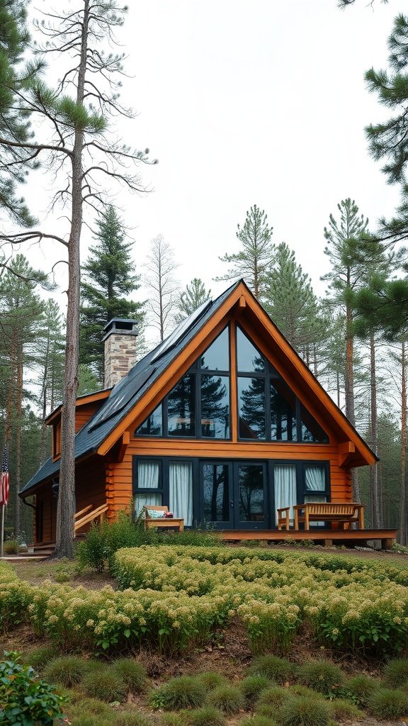 A sustainable A-frame house with solar panels, surrounded by trees and flowers