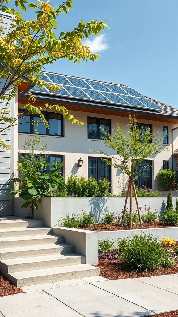 A modern house with a precast concrete facade, solar panels on the roof, and landscaped gardens.