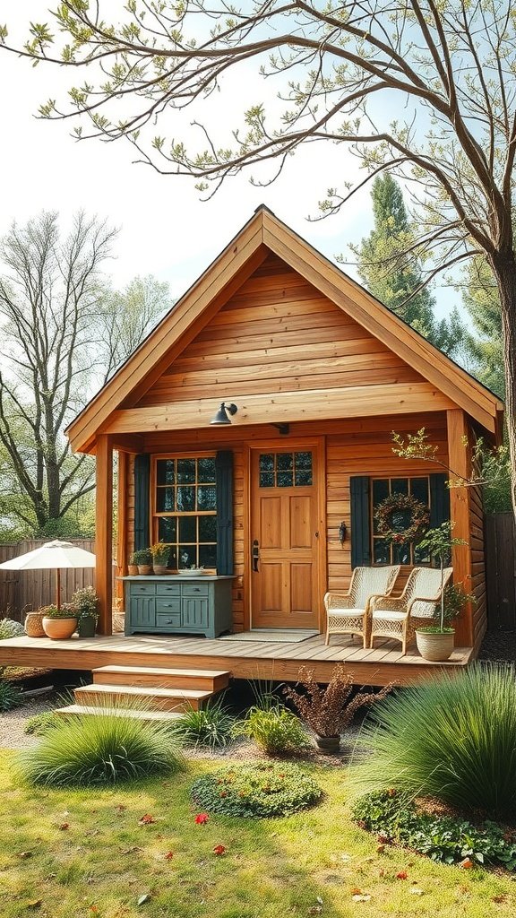 A charming modern cottage made with sustainable materials, featuring a wooden exterior and a cozy porch.
