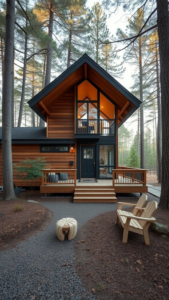 A mid-century modern cabin surrounded by trees, featuring large windows and warm wooden siding.