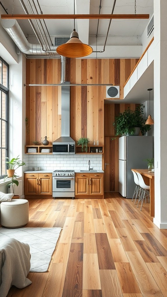 Modern loft apartment interior with wooden elements and plants