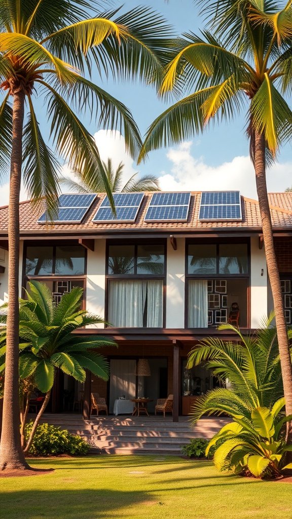 A modern tropical house with solar panels and palm trees