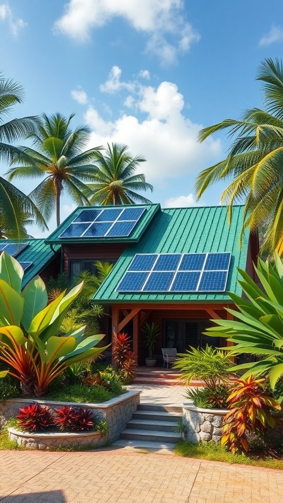 A modern tropical house with solar panels, surrounded by lush greenery and palm trees.