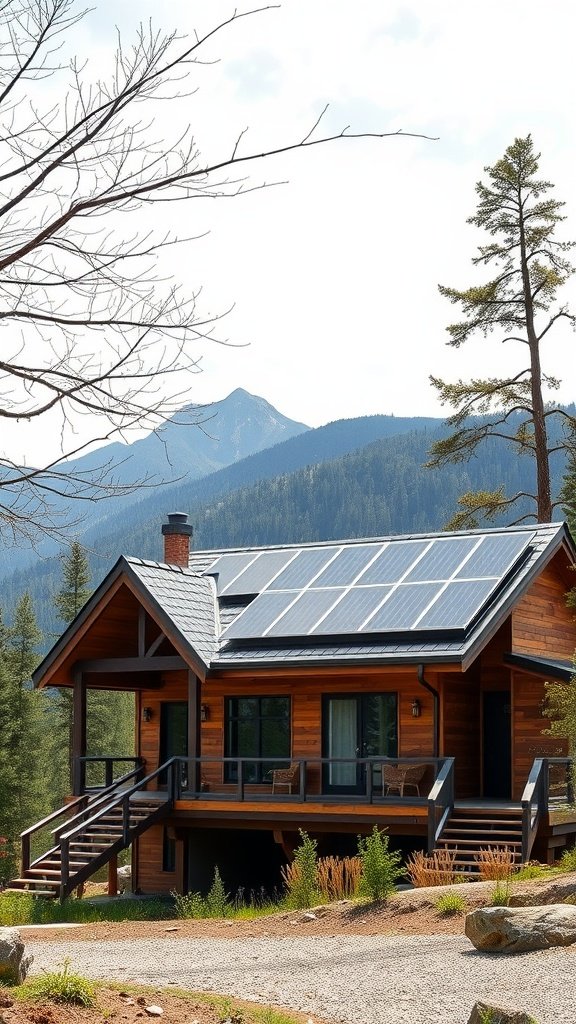 A modern mountain home with solar panels surrounded by trees and mountains.