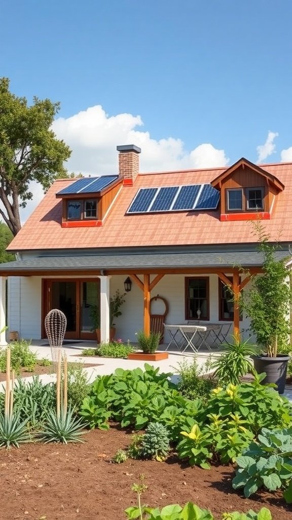 A sustainable farmhouse featuring solar panels and a lush garden.