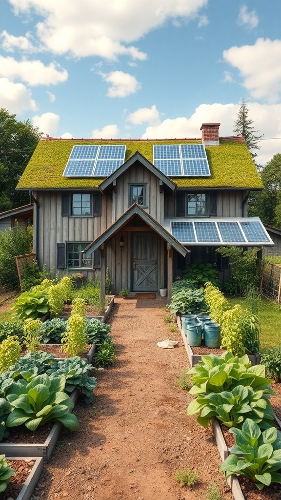 A sustainable farmhouse with a green roof and solar panels, surrounded by a lush garden.