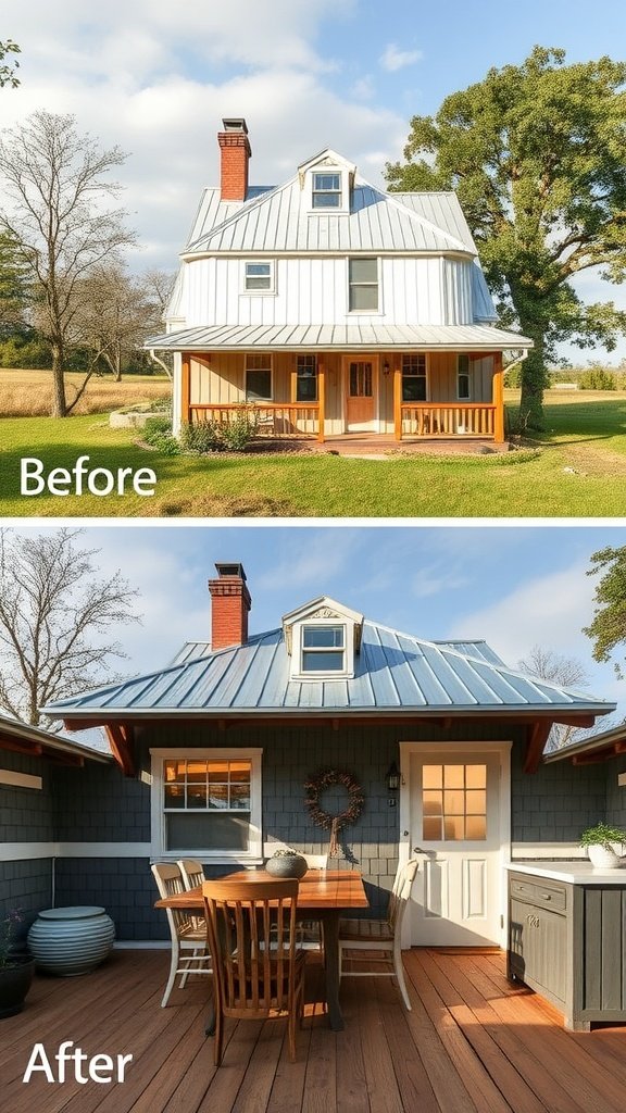 Before and after image of a farmhouse renovation, highlighting eco-friendly features.