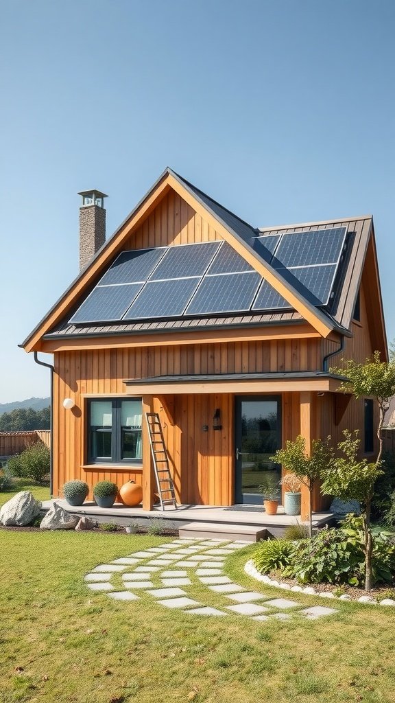 Modern English cottage with solar panels, wooden exterior, and a stone pathway.