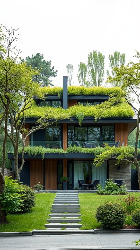 A modern house featuring a lush green roof with plants, blending with the surrounding trees and landscaping.