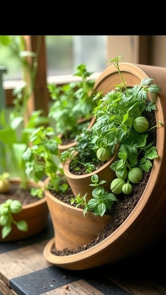 A spiral herb garden made of terracotta pots filled with various herbs.