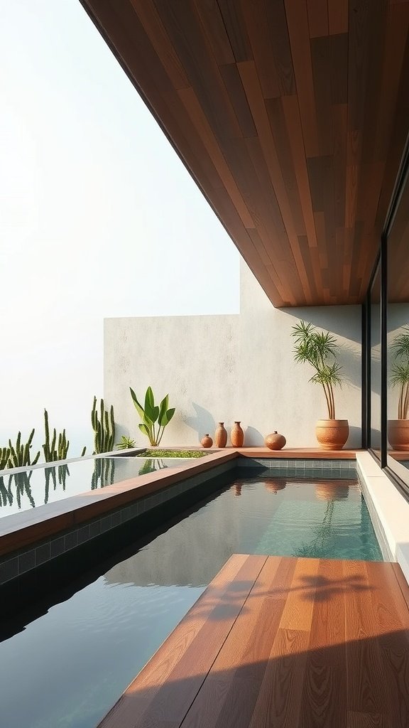 A modern sustainable home featuring a rainwater pool system with wooden decking and lush plants.