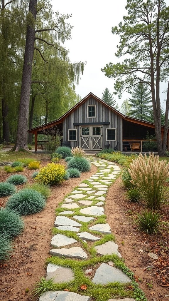 A barn house in a green landscape with a stone pathway leading to it.