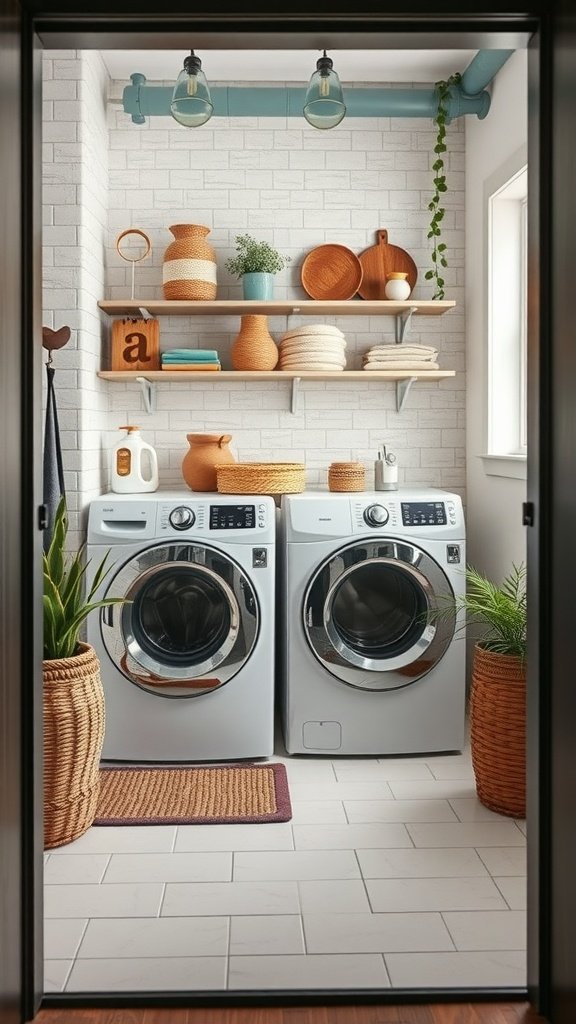 A bright and organized farmhouse laundry room featuring modern appliances, natural materials, and potted plants.