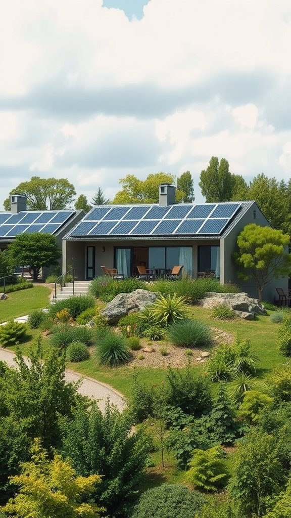 A hillside home with solar panels, surrounded by lush landscaping