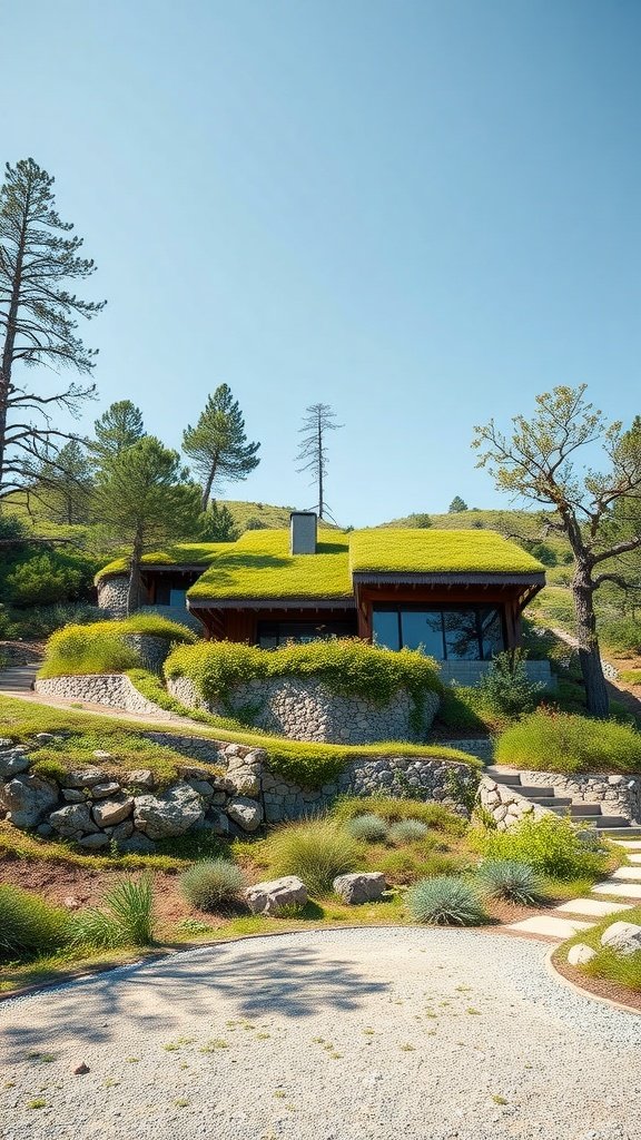 A hillside house with a green roof surrounded by trees and landscaped gardens.