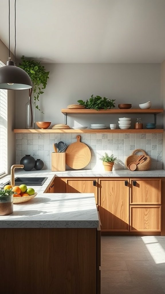 A modern loft kitchen with wooden cabinetry, light countertops, and plants, showcasing sustainable materials.
