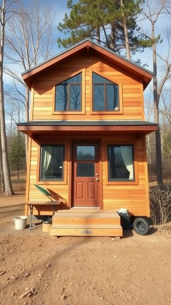 A small, two-story wooden tiny house in a forested area