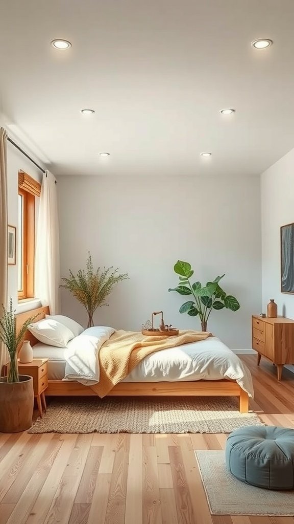 A cozy bedroom with a wooden bed, natural plants, and a warm color palette.