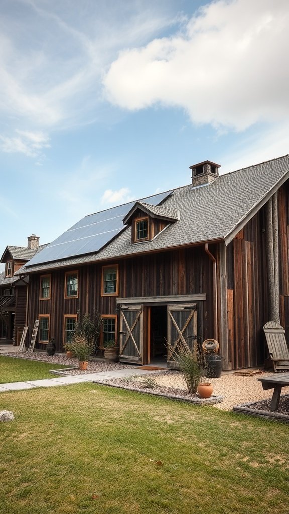A modern barn house with solar panels, wooden exterior, and green landscaping