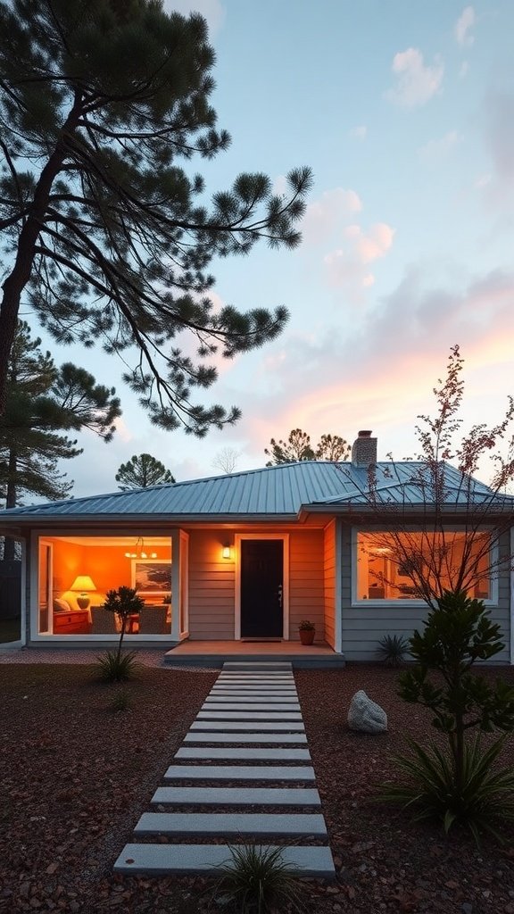A modern house with a retro 70s style, featuring a metal roof, large windows, and a glowing interior at dusk.