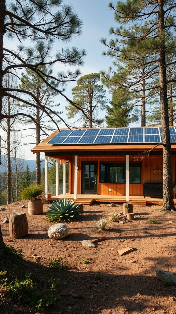 A sustainable off-grid home with solar panels, surrounded by trees and natural landscaping.