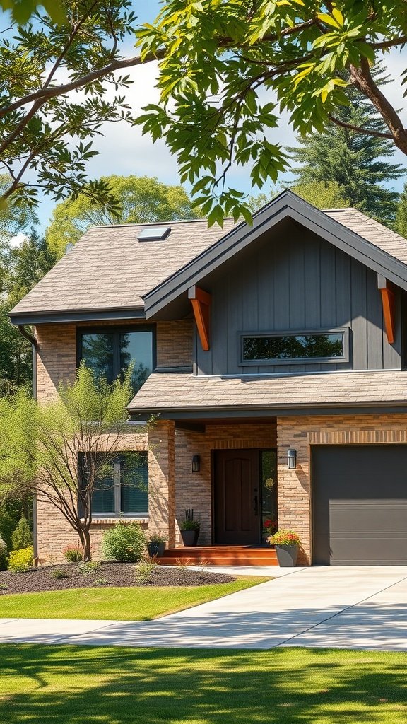 A contemporary house with a sustainable roof design, featuring dark shingles and a skylight, surrounded by greenery.