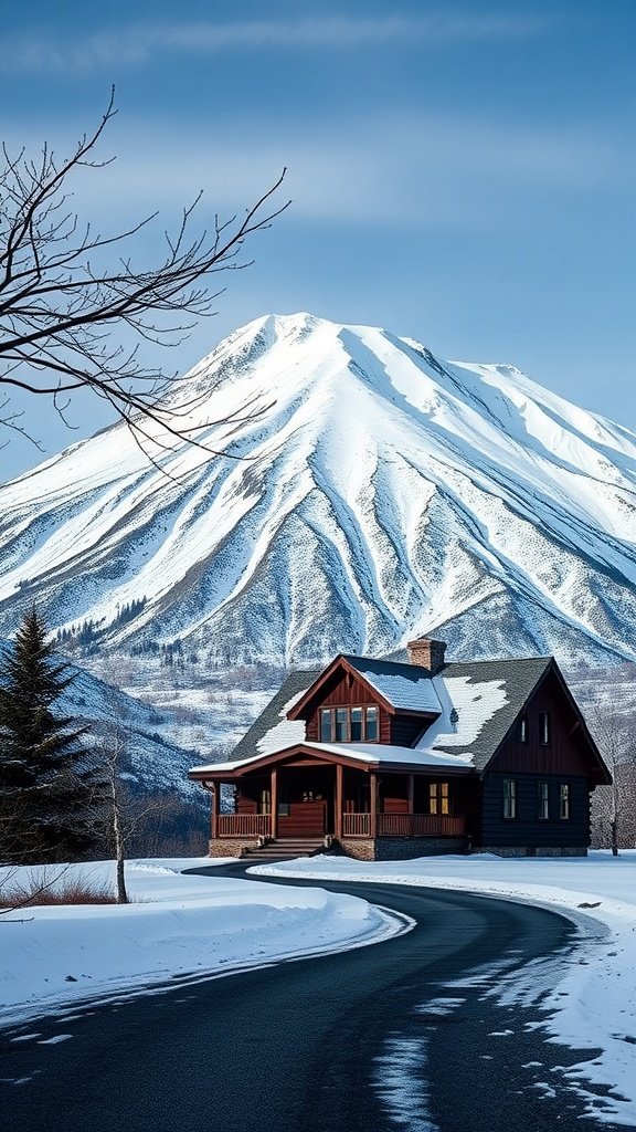 A cozy lodge at the foot of Taranaki Mountain surrounded by snow.