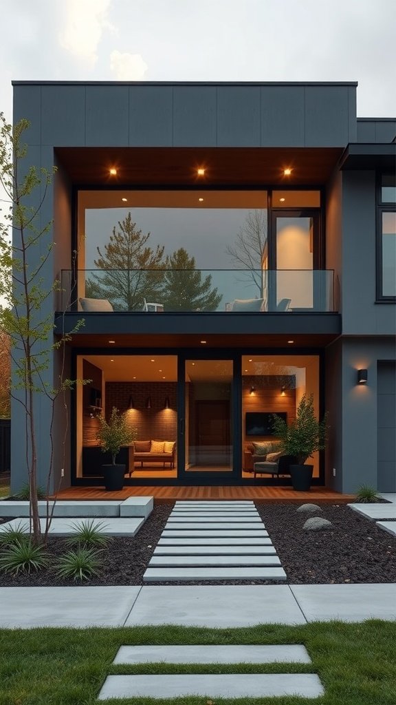 A modern house exterior with large glass windows and a stylish entrance path.