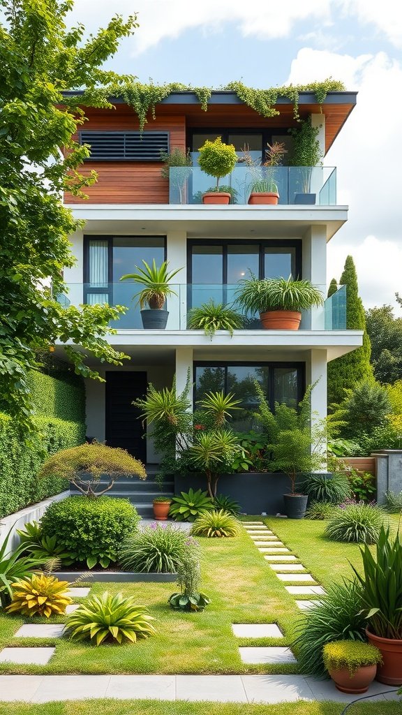 A modern house with terrace gardens featuring potted plants and a lush garden area.