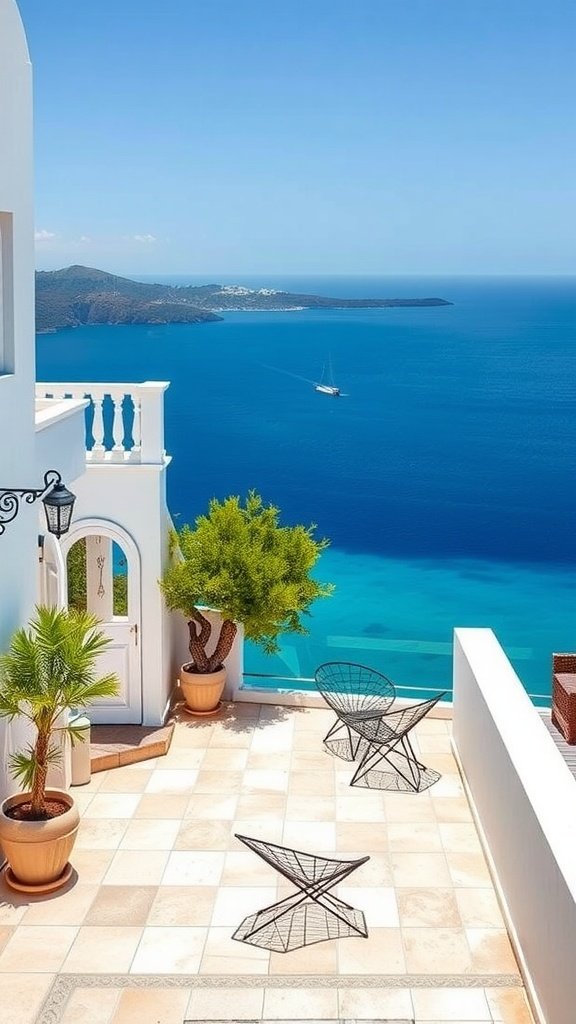 A beautiful terrace overlooking the Mediterranean Sea with stylish seating and potted plants.