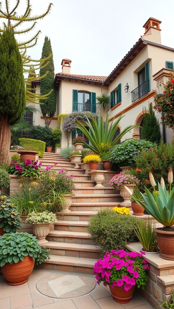 A picturesque terraced garden with colorful flowers and Mediterranean plants, leading up to a charming house with green shutters.