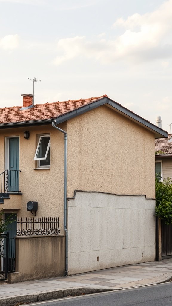 A house with a textured concrete wall and a beige facade.