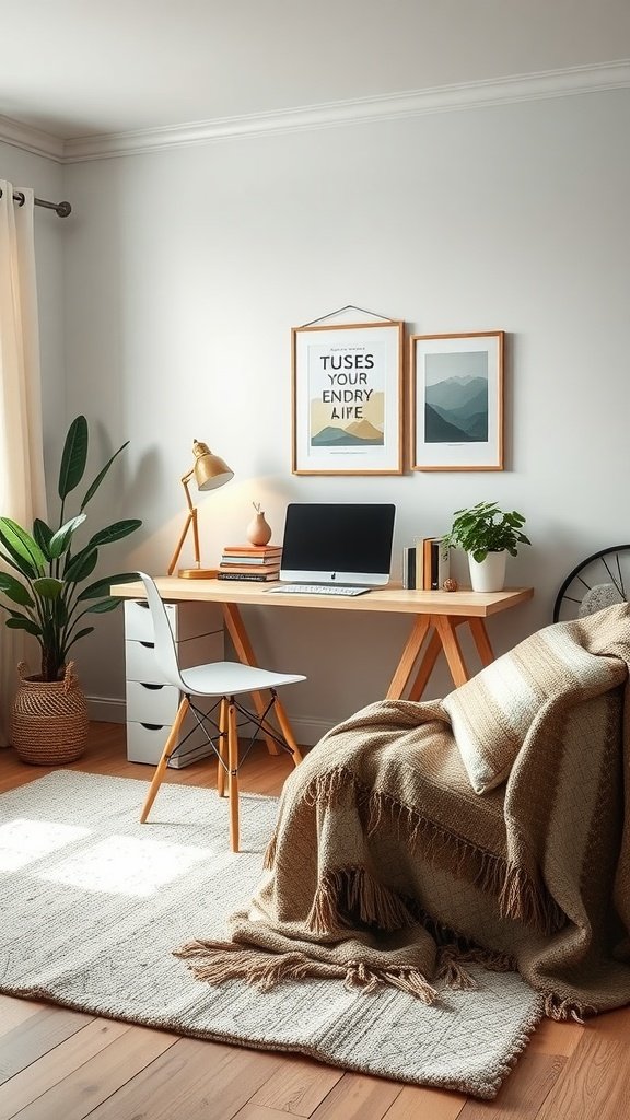 A cozy home office featuring a desk with a computer, a chair, and a textured rug, accented by plants and warm fabrics.