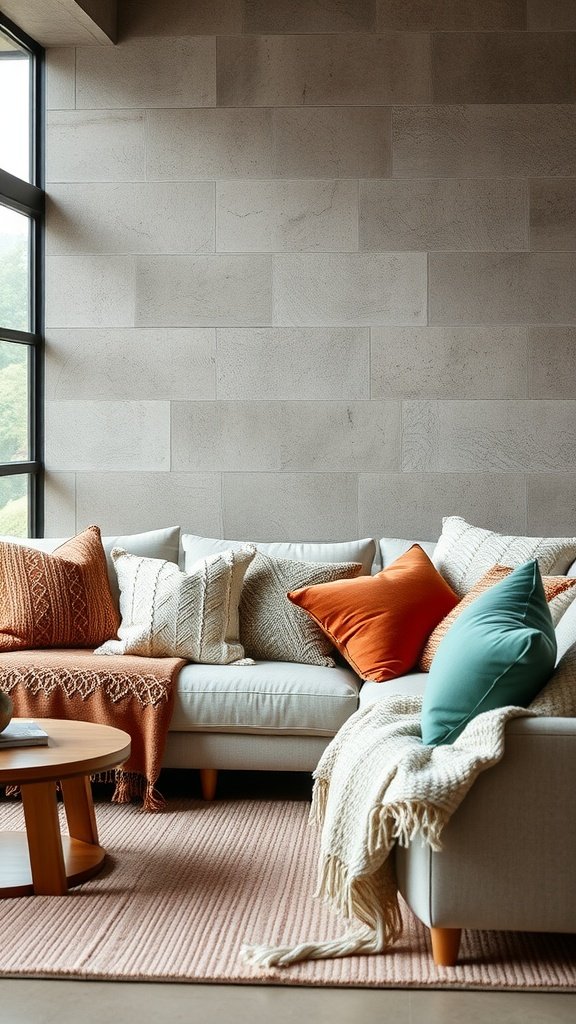 Cozy modern loft interior featuring a sofa with a mix of textured pillows and a knitted throw.