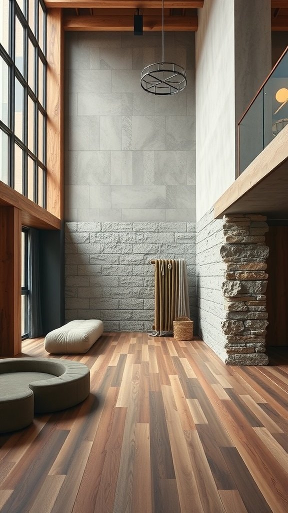 A spacious modern loft interior with a mix of textures, featuring wooden flooring, gray walls, and a stone accent wall.