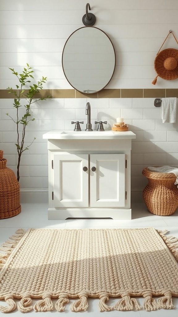 A cozy farmhouse bathroom featuring a textured woven rug, white cabinetry, and natural decor elements.