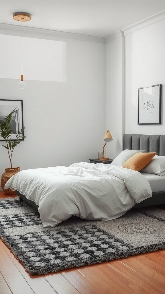 Cozy bedroom featuring a textured rug, light bedding, and modern decor.