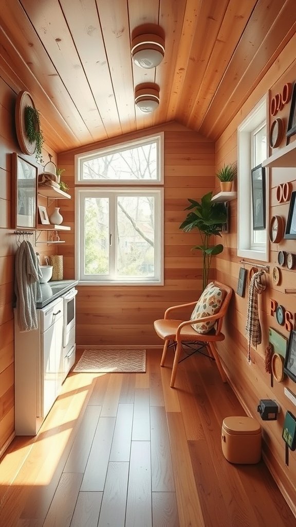 Interior of a mid-century modern tiny house with wooden walls and furniture