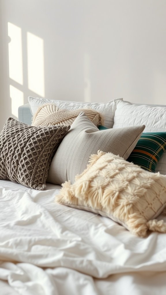 A cozy arrangement of textured throw pillows on a bed