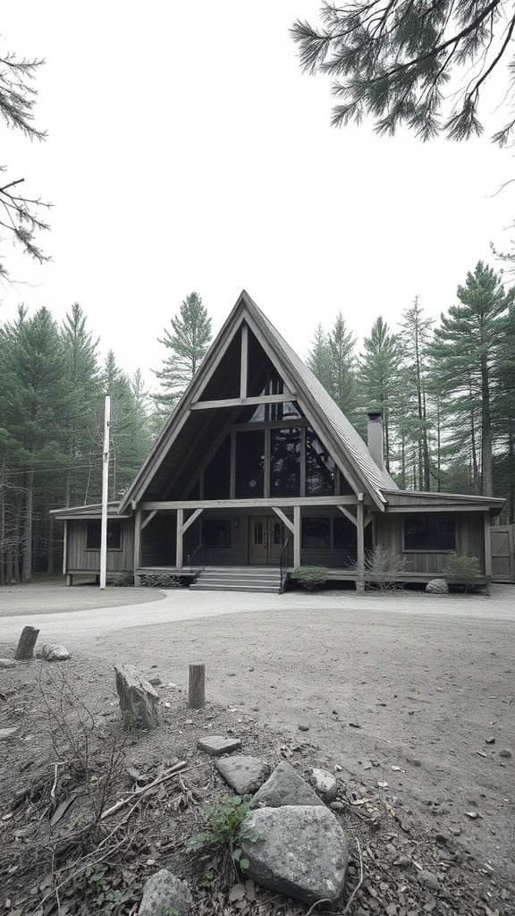 A charming A-Frame house nestled among trees with a steeply pitched roof and large windows