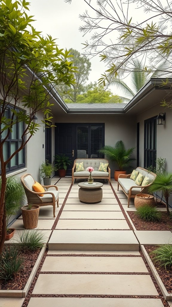 A serene courtyard with comfortable seating, stone pathways, and lush greenery typical of mid-century modern design.