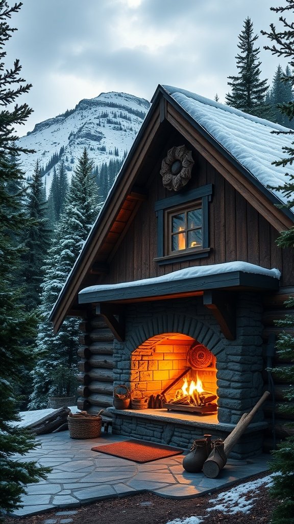 A cozy mountain cabin with a stone fireplace, surrounded by snow-covered trees and mountains.