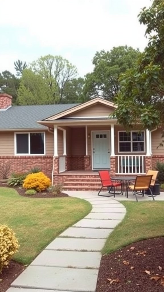A charming 1950s ranch-style home with a blue door and landscaped yard