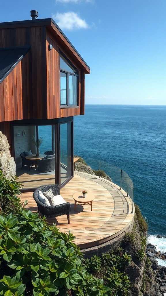A luxurious tiny house on a cliff overlooking the ocean, featuring a wooden deck and large windows.