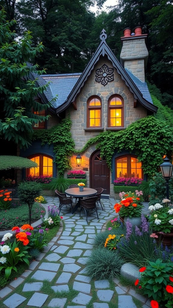 A charming stone cottage surrounded by colorful flowers and greenery, featuring warm light glowing from its windows.