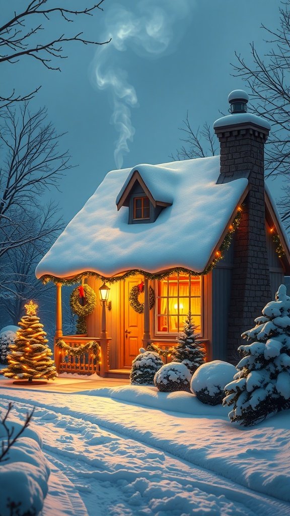A charming cottage covered in snow with warm light glowing from the windows, decorated for Christmas.